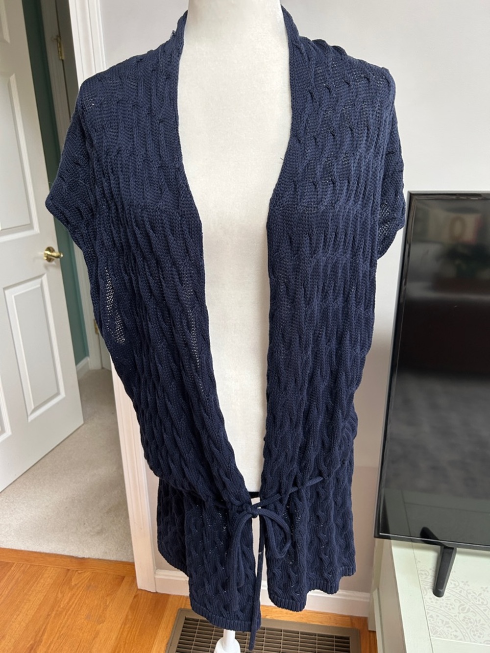 Talbots Navy Open-Front Cable Knit Tie-Front Sweater Vest